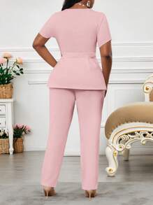 SHEIN Lady Pink V-Neck Short-Sleeved Waist Button Asymmetrical Hem Top Suit Pants Plus Size Two Pieces Suit Plus Size Elegant Business Office Suit Wedding Guest Dress Women Summer Outfits For Women Summer Dresses For Women Vacation Outfits Woman Beach Outfits For Woman Wedding Guest Dress Women Birthday Dresses For Women Cheetah Print Business Casual Woman Birthday Outfits For Women 4th Of July Women In Fall/Winter