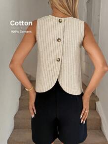 Easowa 女士圆领无袖衬衫，背面有装饰纽扣，不对称下摆，棉质面料，休闲度假优雅衬衫，复古风格 - 杏色 - 查看 4