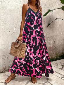 Breezaya 女士休闲豹纹吊带度假太阳裙 - 玫紅色 - 查看 3