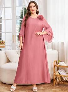 Lacomfia Plus Size Women Plain & Chiffon Patchwork Simple Conservative Casual Dress Fall - Dusty Pink - View 5
