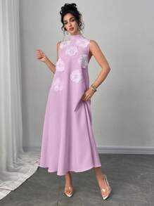 Modelyn 女士优雅奢华宽松 A 字长裙，饰有精致的 3D 花卉装饰，淡黄色 - 紫色 - 查看 4