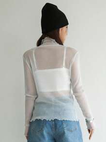 DAZY Top transparente con cuello de tortuga, recorte de lechuga y sin sujetador
