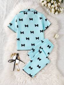 SHEIN 2件套女童杏色可爱樱桃印花宽松长裤短袖休闲睡衣套装 - 藍色 - 查看 2