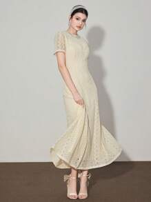 Modelyn Đầm midi cổ tròn tay bồng ren chữ A thanh lịch cho nữ - Màu be - Xem 4