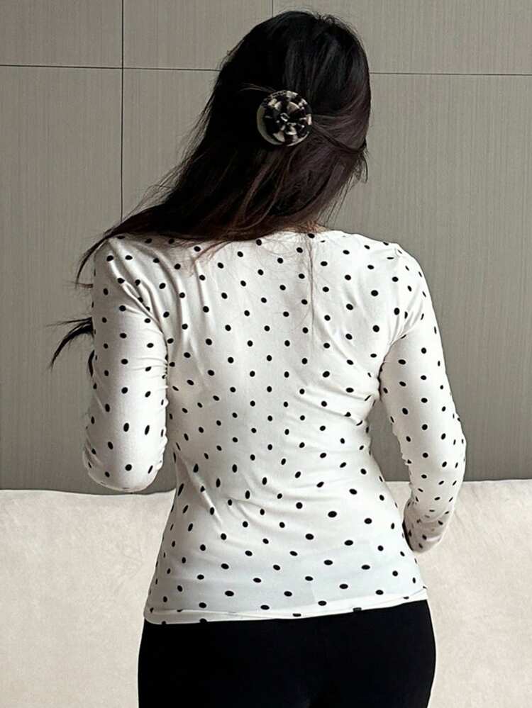 Dazy Plus Plus Size Scoop Neck Polka Dot Top Stretch Fitted Long Sleeve Base T-Shirt
