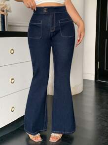 Dazy Plus Dark Wash Blue Double-Breasted Collar Elastic Slim-Fit Flare Leg Jeans, All Season - Dark Wash - View 3