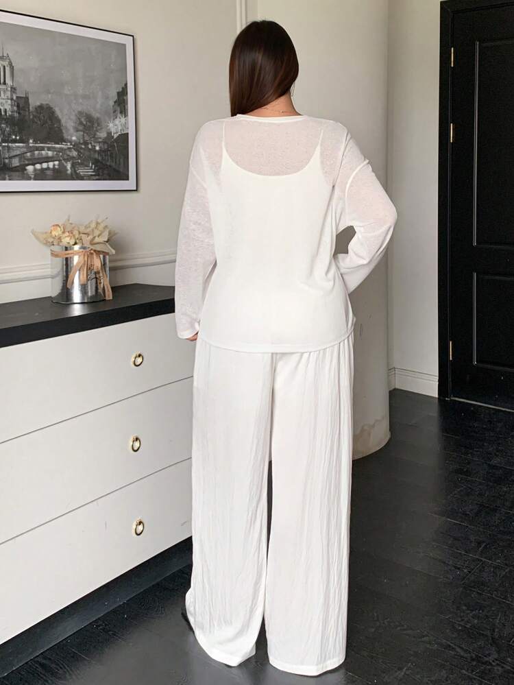 Dazy Plus Plus Size 2pcs/Set Loose Button Design Round Neck Cover Up And Long Pants Set, White Lounge Sets For Women