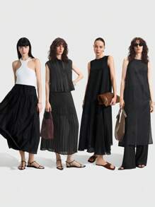 Ontre 2025 新款透视无袖圆领半透视侧扣长款衬衫，时尚女士日常商务休闲装，夏秋季 - 黑色 - 查看 3