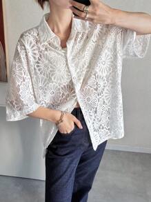 FRIFUL Áo kiểu ren dáng rộng tay lửng 3/4 cài một hàng khuy cho nữ, thích hợp cho mùa hè. - trắng - Xem 7