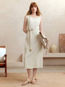 EMERY ROSE 女士优雅杏色亚麻贝壳织带麻绳腰带中长连衣裙，圆领无袖设计，新款秋季女教师开学礼服 - 高端法式优雅，休闲办公风格，全白派对装女士 - 杏色 - 查看 6