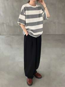 FRIFUL Camiseta holgada casual de rayas negras y blancas para mujer, ropa de verano, atuendos de maestro - Gris - Ver 2