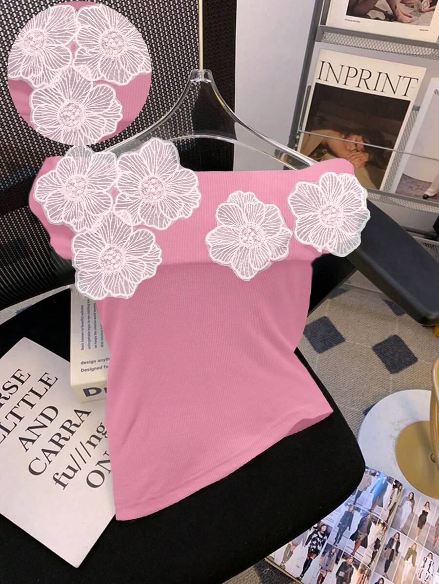 SHEIN LUNE 女士优雅露肩花卉修身T恤 - 粉色 - 查看 1
