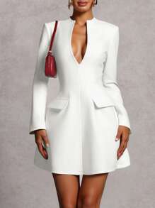 INAWLY 女士时尚性感深 V 领白色迷你连衣裙 - 白色 - 查看 1