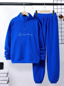 Cậu bé Tween Thêu Chữ Dây kéo mặt trước Thả vai Áo len & Quần nỉ - Màu xanh lam - Xem 7