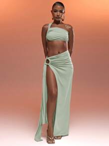 MUSERA Asymmetric One Strap Sleeveless Crop Top And Cut Out Ruched Side Split Maxi Skirt Summer Holiday Sexy Ibiza Fits Vacation Elegant Birthday Wedding Guest Fall Autumn Winter Date Night