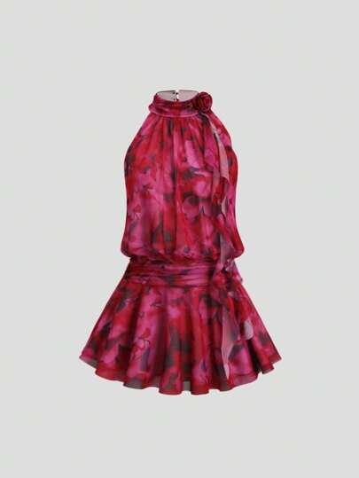 Sweetra Elegant blommig klänning med 3D-blomdekor och halterneck, sommar, för kvinnor