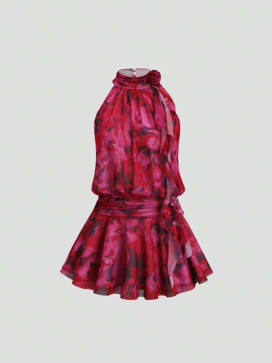 Sweetra Women's Elegant Floral Print 3D Flower Decor Halter Short Dress, Summer