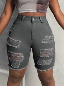 Slaydiva Quần short denim túi rách thường ngày cho nữ - Màu xám đen - Xem 6