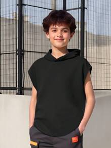 Tween Boy Casual Simple Black Hooded T-Shirt, Suitable For Travel, Tourism, Sports, And Other Daily Wear, Back To School Top - Black - View 3
