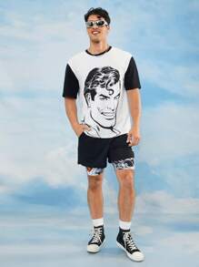 SUPERMAN X SHEIN 男士休闲拼色动漫超级英雄印花短袖 T 恤，夏季