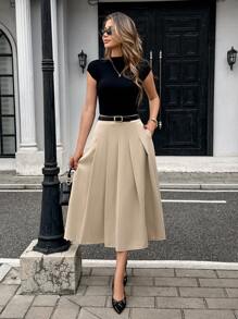 Pariaura Women's Khaki Casual Long Woven Fabric Pleated Skirt With Zipper Detail Elegant Skirt Elegant Midi Skirt Women Clothing Elegant Fall Cloth For Women