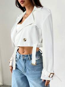 SHEIN EZwear 女式白色缺口领前扣长袖短款风衣（秋冬款） - 白色 - 查看 3