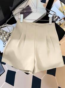 INAWLY Shorts elegantes de cintura alta con cremallera y pernera ancha, shorts plisados de moda casual para mujeres