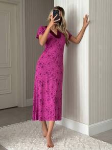Robe de maison longue en coton avec motif floral et couleurs contrastées en dentelle pour se détendre