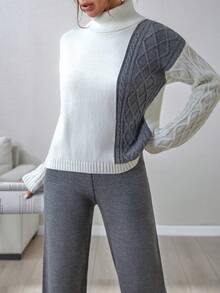 EURMUSE 休闲高领拼色麻花针织灯笼袖毛衣和纯色素色高腰阔腿针织裤两件套秋冬女装 - 杏色 - 查看 6