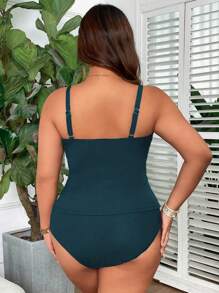 Swim Lushoire Traje de baño de talla grande tipo tankini con escote cuadrado básico - Verde Oscuro - Ver 2