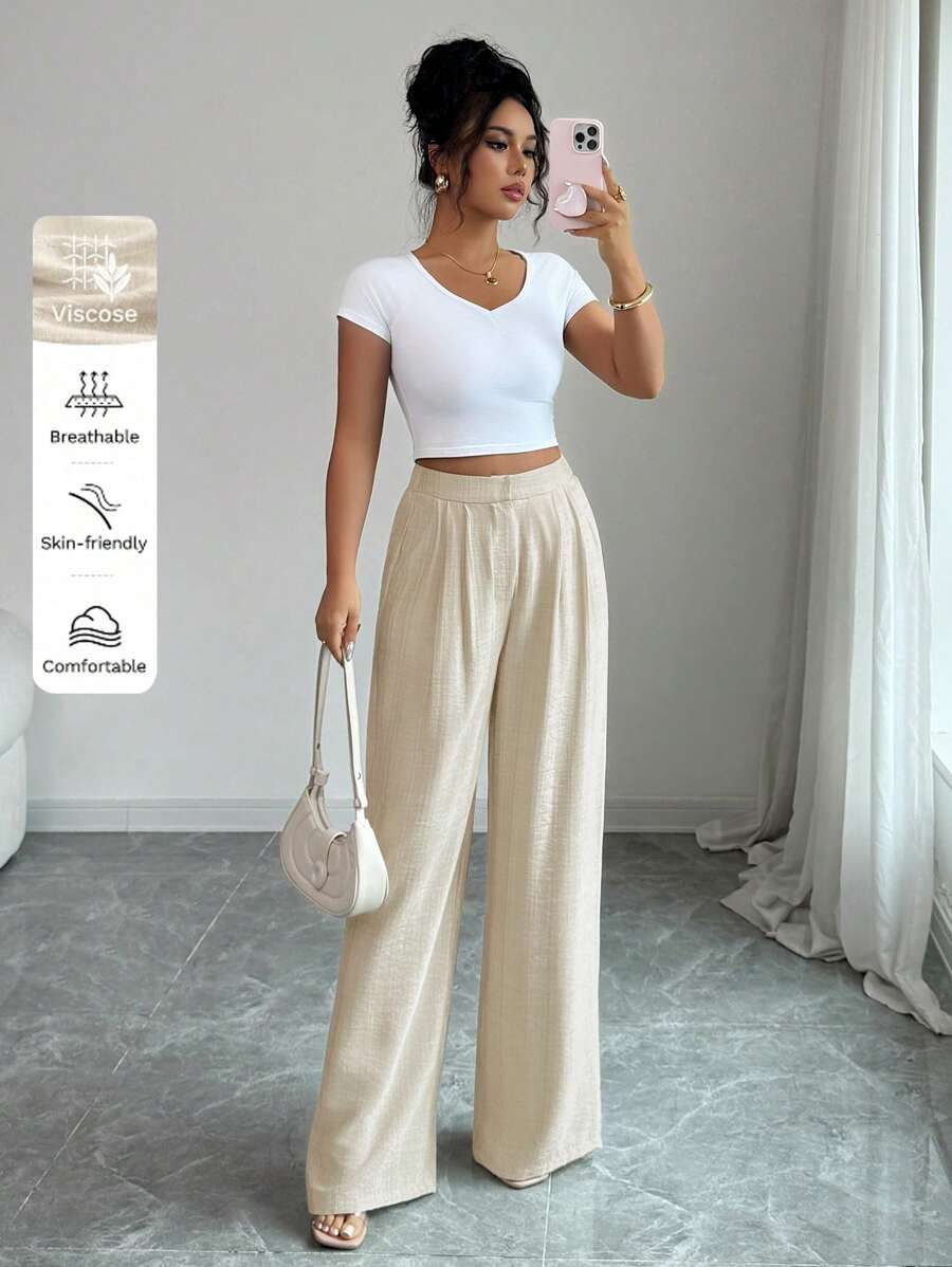 Elenzga Damen einfarbige Texturgewebe-Lässig Hose