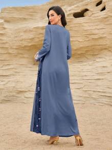 Al Najma 女士优雅方领蝴蝶拼接浪漫朴素土耳其和阿拉伯风格长款束腰外衣 - 霧霾藍 - 查看 2