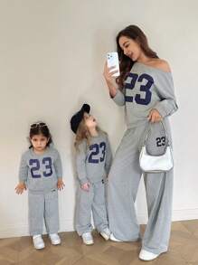 SHEIN Mommy And Me Matching Outfits(2 Sets  Are Sold Separately)Baby Girl Mommy&Me Number Printed Asymmetric Collar Long Sleeve Top & Pants Casual 2-Piece Set,Skin-Friendly And Soft Fabric To Protect Baby's Skin, Can Be Worn Indoors Or Outdoors, First Choice For Mothers Fall Winter - Grey - View 4