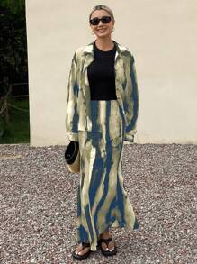 DAZY 2 件女式夏季印花衬衫和裙子休闲度假套装，秋季女装 - 霧霾藍 - 查看 6