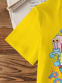 SpongeBob SquarePants | SHEIN 青少年女孩休闲可爱卡通字母印花短袖T恤，夏季 - 白色 - 查看 6