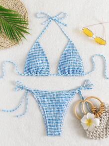 Swim Mod Plaid Print Halter Neck Tied Front Split Bikini Set For Summer Beach Vacation - Blue - View 1