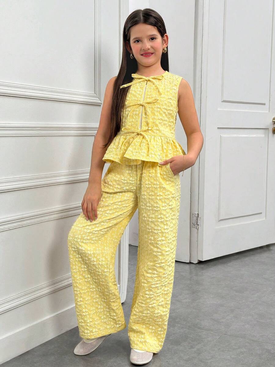 SHEIN Tween Girls Casual Minimalist Comfy Round Neck Ruffle Hem Camisole And Pants 2 Piece Set - Yellow - View 1