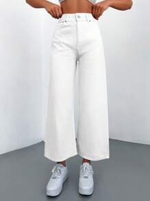 EURMUSE 100%Cotton High Waist Wide Leg Jeans - White - View 4