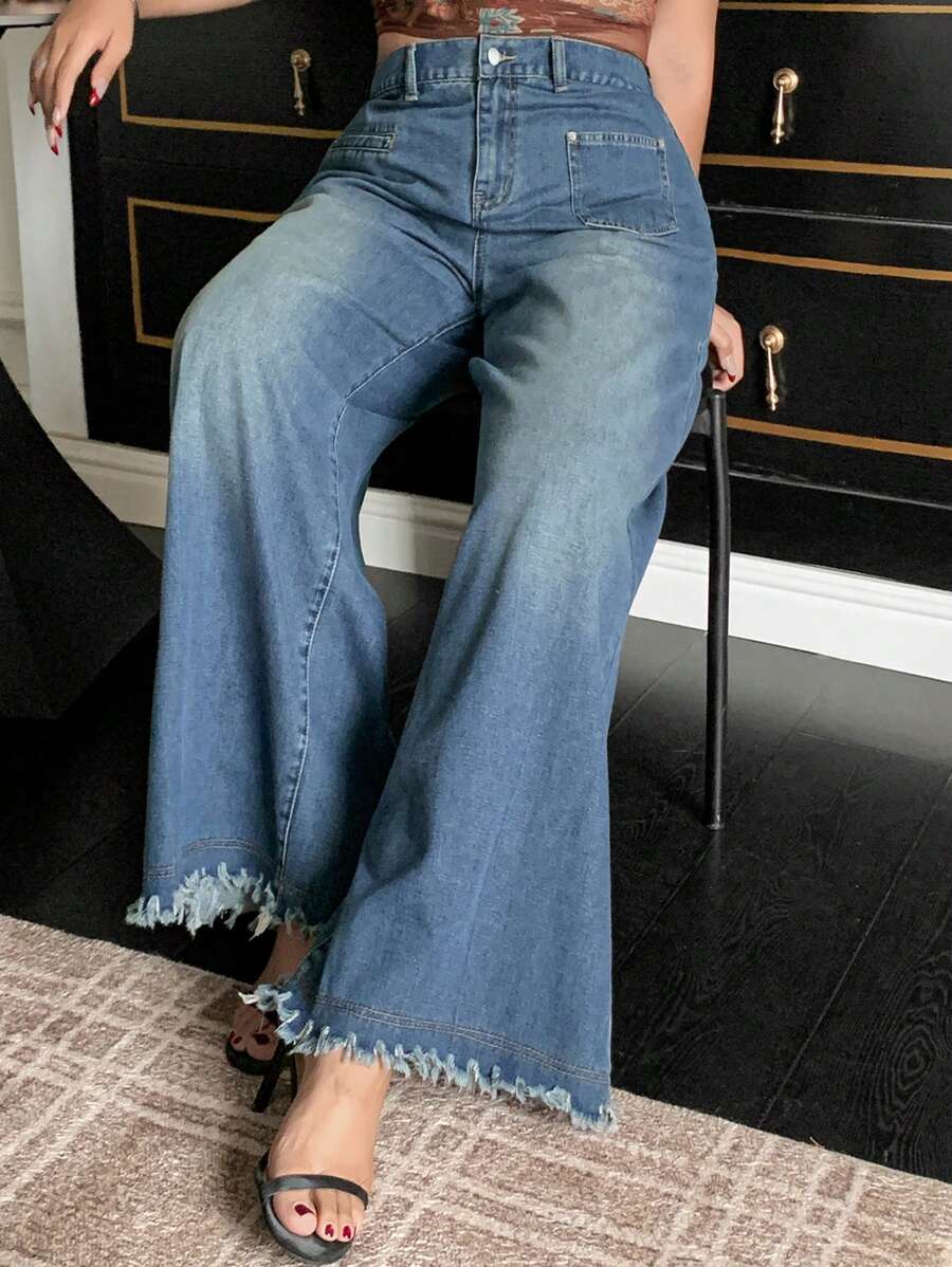 Dazy Plus 深色洗水做旧阔腿长牛仔裤，宽松版型，四季皆宜 - 深色水洗藍 - 查看 1