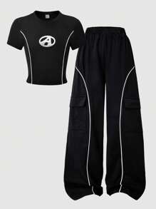 SHEIN Explorewe 2 件套青少年女孩休闲拼布设计图案 T 恤和工装裤套装，适合日常、通勤、休闲、度假、与朋友聚会、街头风格