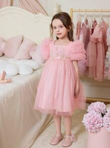 Young Girl Elegant Floral Embroidered Mesh Short Sleeve Summer Dress, Pink - Pink - View 6
