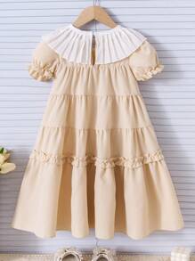 Girls Young Girl Casual Ruffled Collar, Tiered Ruffle Hem Elegant Dress, Suitable For Vacation, Family Gathering, Outdoor Activities, Spring/Summer - Khaki - View 2