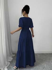 Rafferiza 优雅休闲度假V领泡泡袖收腰褶皱连衣裙，紫色女士长裙，春夏新品 - 藏蓝色 - 查看 2