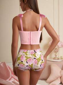 SHEIN Touch of Art 女士花卉印花蝴蝶结文胸和短裤套装 - 粉色 - 查看 6