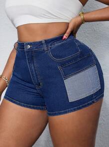 Women Plus Size Fashion Washed Denim Cargo Shorts, Elastic Waist  Summer Outfits For Women Festival Outfits - Dark Wash - View 6