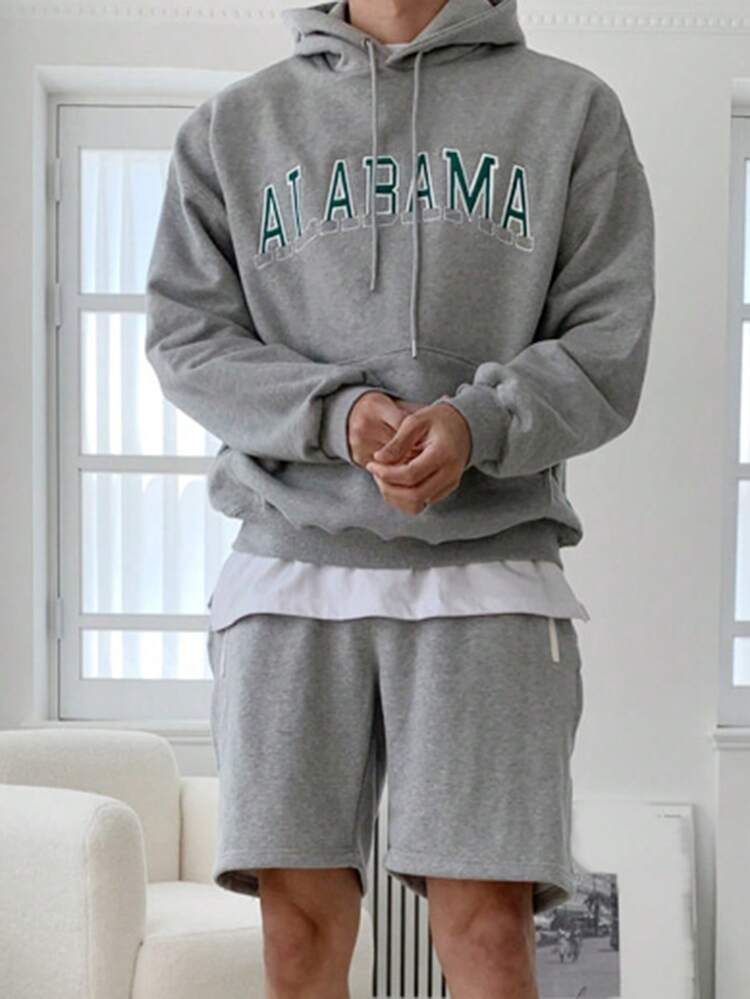 Spring/Summer Men's Gray Letter Embroidered Hoodie Set Fall,Winter