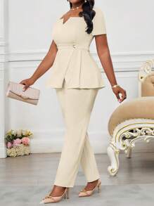 SHEIN Lady Apricot Small V-Neck Short-Sleeved Waist Button-Down Asymmetrical Hem Top With Suit Pants, Plus-Size Two Pieces Suit, Plus-Size Elegant Business Office Suit, Wedding Guest Dress, Women's Summer Wear, Women's Beach Wear, Guest Dress, Women's Birthday Wear, Women's Elegant Two Pieces Suit, Elegant Two Pieces Suit, Women's Summer Wear, Vacation Wear, Women's Beach Wear, Women's Birthday Wear In Fall/Winter - Apricot - View 4
