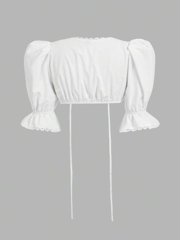 Fairmaia Solid Color Front Button Tie-Up, Lace Trim, Cropped, Undershirt, For Oktober Dirndl,Oktober ,Aditional