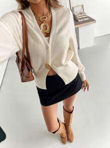 Siren Gaze Cárdigan de mujer de manga larga de unicolor y versátil, suéter crema, para oficina, estilo de negocios casuales, suéter casual de oficina, estilo francés, para invierno, suéter de invierno, cárdigan de suéter con botones metálicos, cárdigan de suéter con cuello en V que ciñe la cintura, suéteres de otoño, para oficina, cárdigan con botones, suéter de manga larga cálido, para ir y venir, minimalista, oficina, dinero viejo, simple - Albaricoque - Ver 5