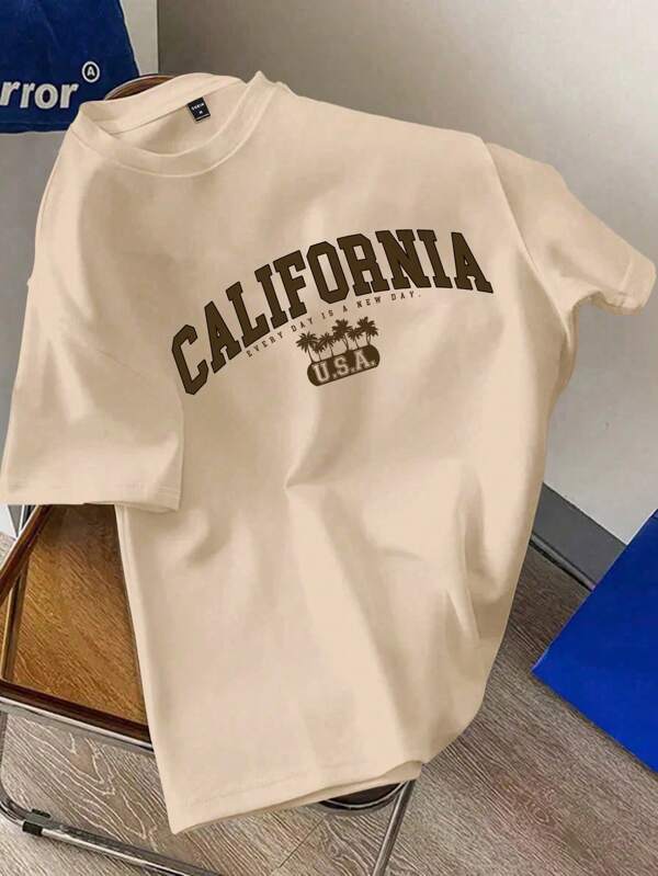 Manfinity Joysei Camiseta redonda de manga corta casual minimalista de hombre, talla estándar, con estampado de "California" en color caqui, apta para el verano (tela)